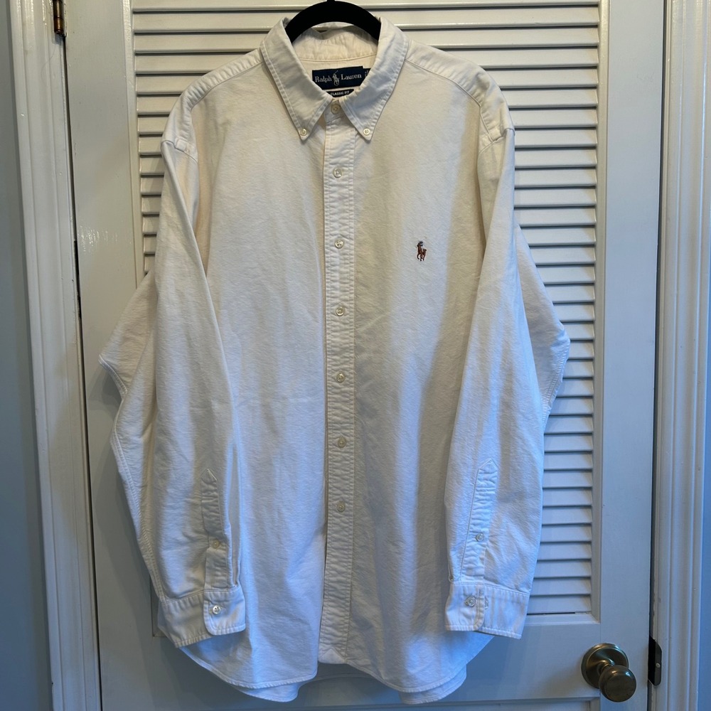 Ralph Lauren Mens Cream Button Down Long Sleeve Shirt Classic‎ Fit 17 1/2